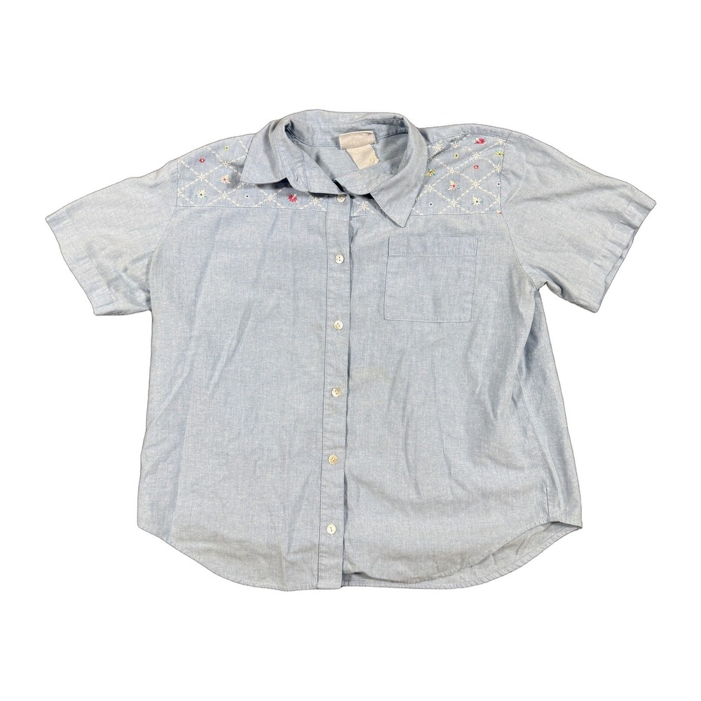 Jantzen Petite Vintage Light Blue Embroidered Short Sleeve Button Front Shirt